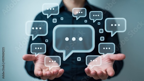 Wallpaper Mural Person presenting multiple floating digital message bubbles above open hands Torontodigital.ca