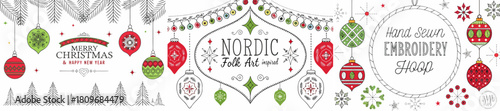 Festive christmas ornaments and nordic folk art inspired embroidery hoop with christmas greetings design