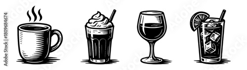 Drinks bar vintage style engraving icons, coffee and cocktails set