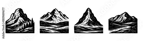 Mountain landscape vintage style engraving icons, alpine nature set