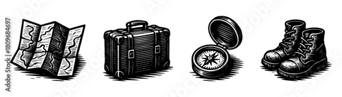 Travel gear vintage style engraving icons, adventure hiking set