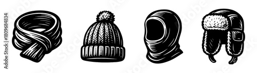 Winter headwear vintage style engraving icons, cold season illustration