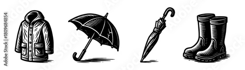 Rain and snow clothes vintage style engraving icons, outerwear illustration