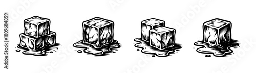 Melting ice cubes vintage style engraving icons, frozen water illustration