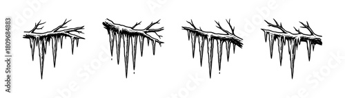 Winter icicles vintage style engraving icons, frozen branch illustration