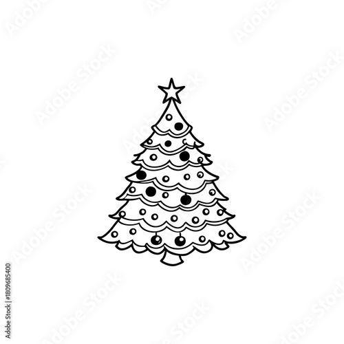 Christmas tree with ornaments and star on top hand drawn illustration isolated on white background isolated on transparent background