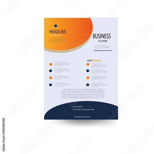 Vibrant Orange and Dark Blue Corporate Business Service Flyer Template Vector. Modern Design Layout with Headline, Tagline, and Dedicated Section for Service List. Print Ready.