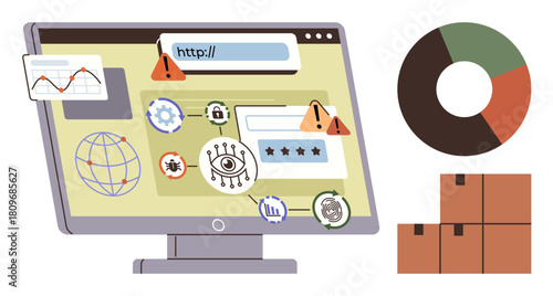 Monitor with digital alerts, security icons, pie chart, and boxes illustrating cybersecurity, online privacy, risk assessment, data analysis, logistics, e-commerce and vulnerability as simple flat
