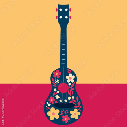 A dark blue ukulele adorned with colorful flowers and leaves