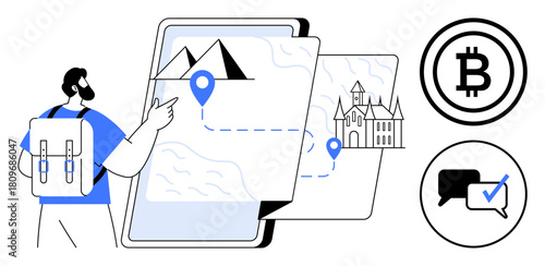 Traveler with backpack exploring map on tablet. Outdoor adventures, travel planning, cryptocurrency, digital navigation, tourism, communication, technology. Ideal for modern concepts exploration