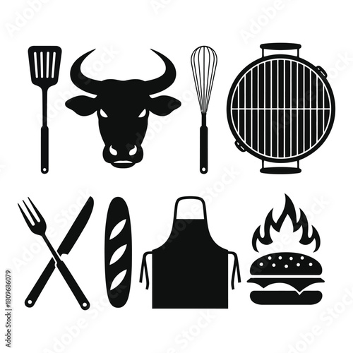 Barbecue Illustration Vector Set with Steak Barbecue Grill and Utensils