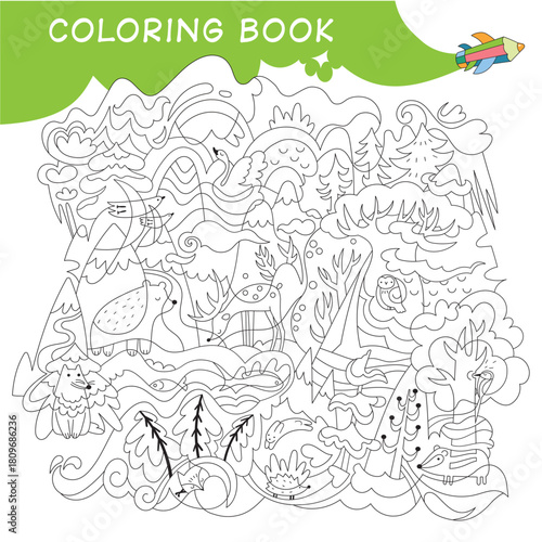 A dense forest. Color and find all the animals, birds, and fish. Vector illustration.