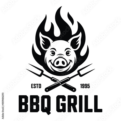 BBQ Grill establishment logo with happy pig and crossed forks design