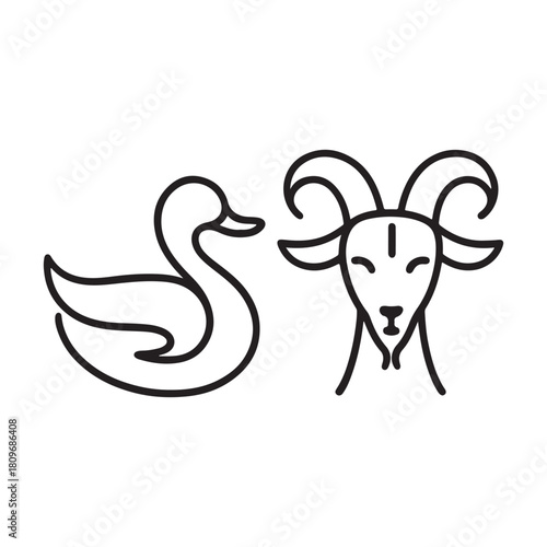 A minimalist line art illustration featuring a stylized duck on the left and a goat with prominent horns on the right, rendered in a clean black and white graphic style