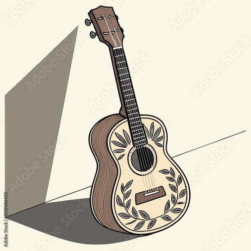Acoustic ukulele with laurel wreath decoration leaning against a wall