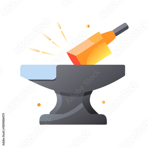 Blacksmith hammer strikes hot metal on anvil