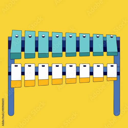 Colorful two tiered xylophone with blue frame on yellow background
