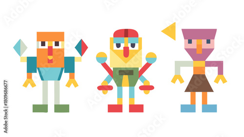 Abstract Geometric Cartoon Character Set .Abstract characters. Cartoon kids shape with smile face. Geometric mascot figure with leg and hands. Fun graphic avatar for education, funny emoji objects. Ve