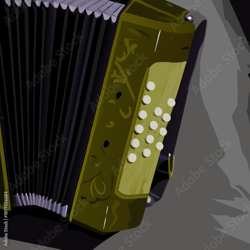 Close up of a vintage accordion with ornate details