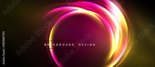 Abstract circular design. Vibrant pink, orange, yellow hues radiate from center. Dark background emphasizes glowing effect. Modern, dynamic composition.
