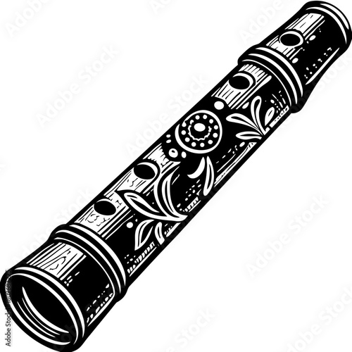 Ornate black and white flute illustration with floral designs