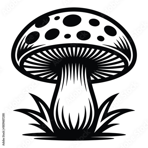 Black and white graphic illustration of a spotted mushroom fungus