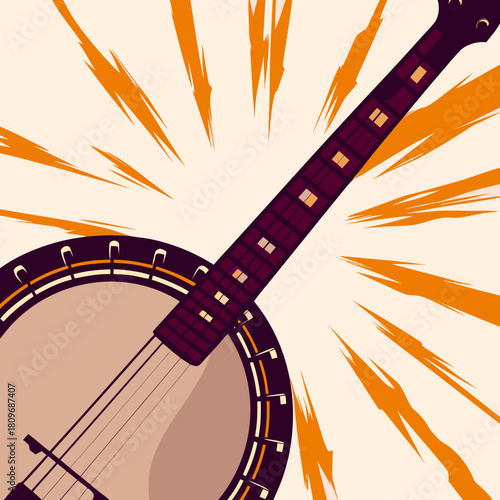 Stylized banjo neck and resonator with orange burst background