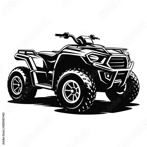 Black and white illustration of an all terrain vehicle ATV or quad bike