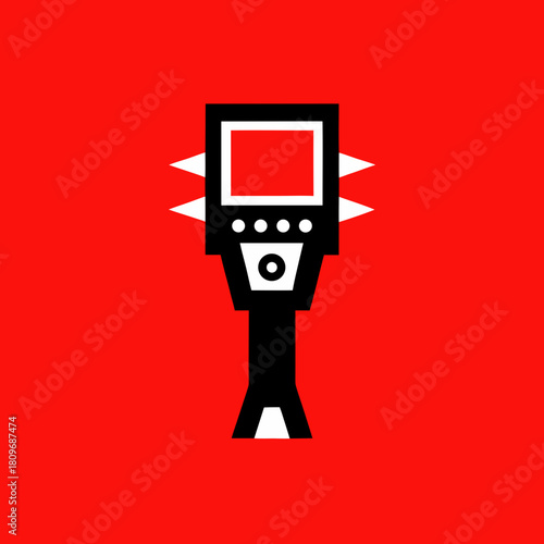 Stylized black and white robot holding a spiked device on red background