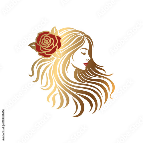 Gold long hair woman with rose