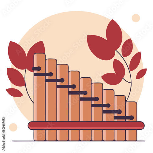 Stylized pan flute with autumn leaves and sun