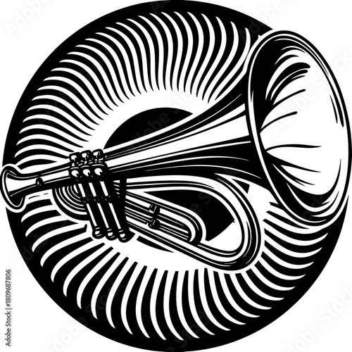 Stylized trumpet with radial sunburst design