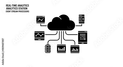 Dynamic real-time analytics flowing through cloud network, analytics station, a modern and professional way to represent data stream processors