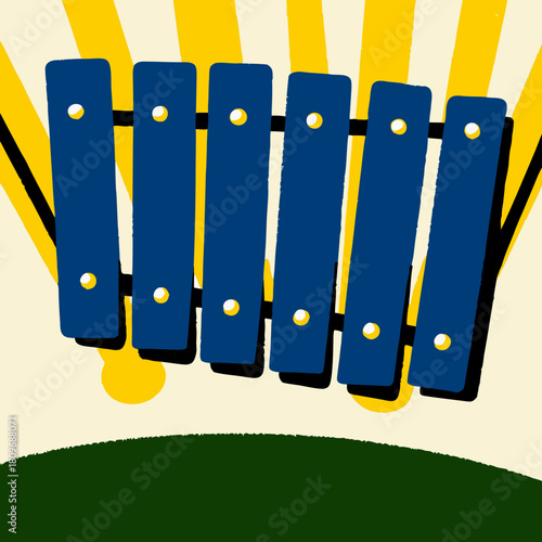 Vibrant blue xylophone with yellow sunburst and green ground
