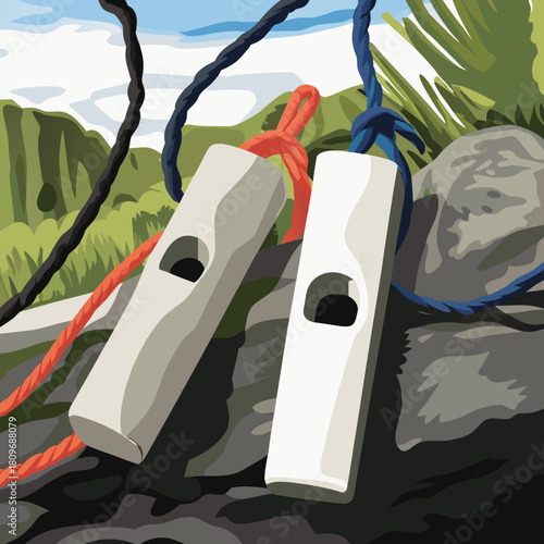 Two whistles and ropes on a rocky mountain landscape