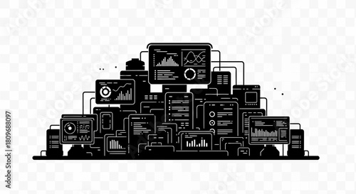 Modern data management visualization with connected digital devices, charts, and graphs for business analytics and innovative technology solutions
