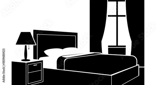 Modern bedroom interior featuring a comfortable bed, nightstand, and window with curtains, perfect for showcasing home decor or relaxation concepts