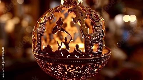 Golden nativity scene christmas ornament slowly rotating