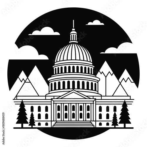Black and white vector graphic of a governmental building with dome