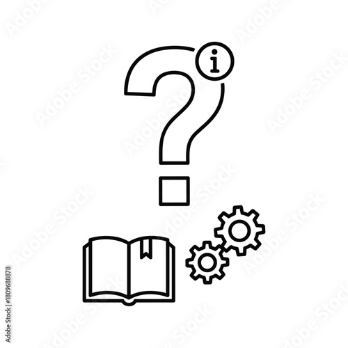Question mark with information icon, book, and gears isolated on concept of learning