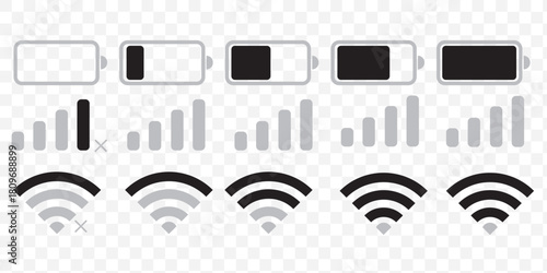 battery, wifi and mobile network icons in a clean, minimal style, ideal for apps, UI, UX and digital interfaces. Battery icon set. Wi-Fi icons Set. Battery, WiFi, network, icons