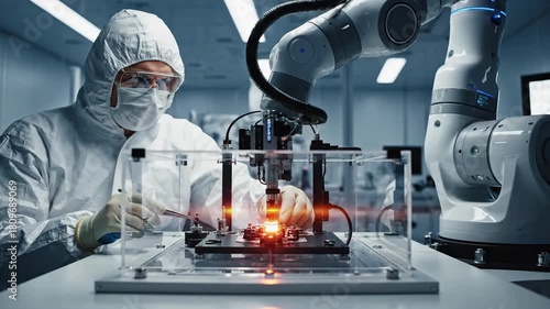 Scientist working on microchip with precision instruments beside automated robotic arm.