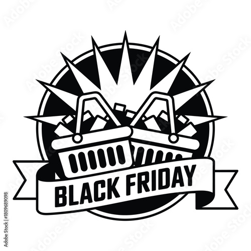 Black Friday shopping frenzy illustration with baskets and sale banner