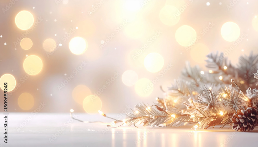 Fototapeta premium Festive arrangement of pine branches and glowing lights creates warm holiday atmosphere