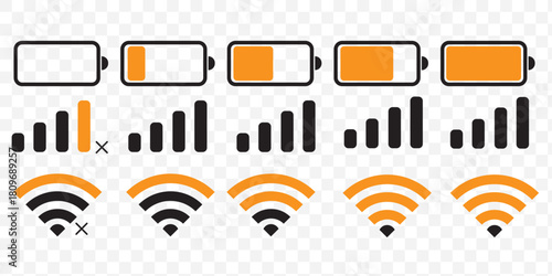 battery, wifi and mobile network icons in a clean, minimal style, ideal for apps, UI, UX and digital interfaces. Battery icon set. Wi-Fi icons Set. Battery, WiFi, network, icons