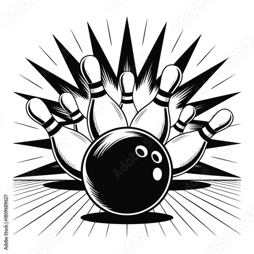 Bowling Strike Illustration Black and White Bowling Pins and Ball Impact