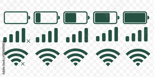 battery, wifi and mobile network icons in a clean, minimal style, ideal for apps, UI, UX and digital interfaces. Battery icon set. Wi-Fi icons Set. Battery, WiFi, network, icons