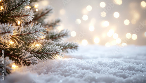 Snow covered Christmas tree branch with glowing lights creates festive and serene winter atmosphere