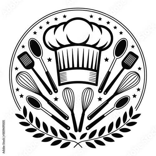 Chef hat surrounded by kitchen utensils black and white vector illustration