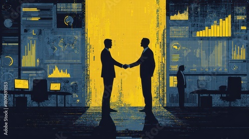 Businessmen shaking hands against a backdrop of digital data screens.